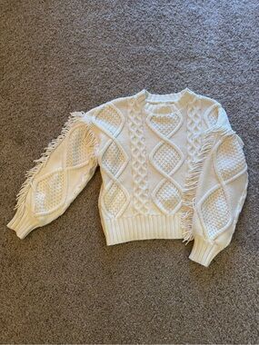 Evereve Cream Cable Knit Fringe Crewneck Sweater